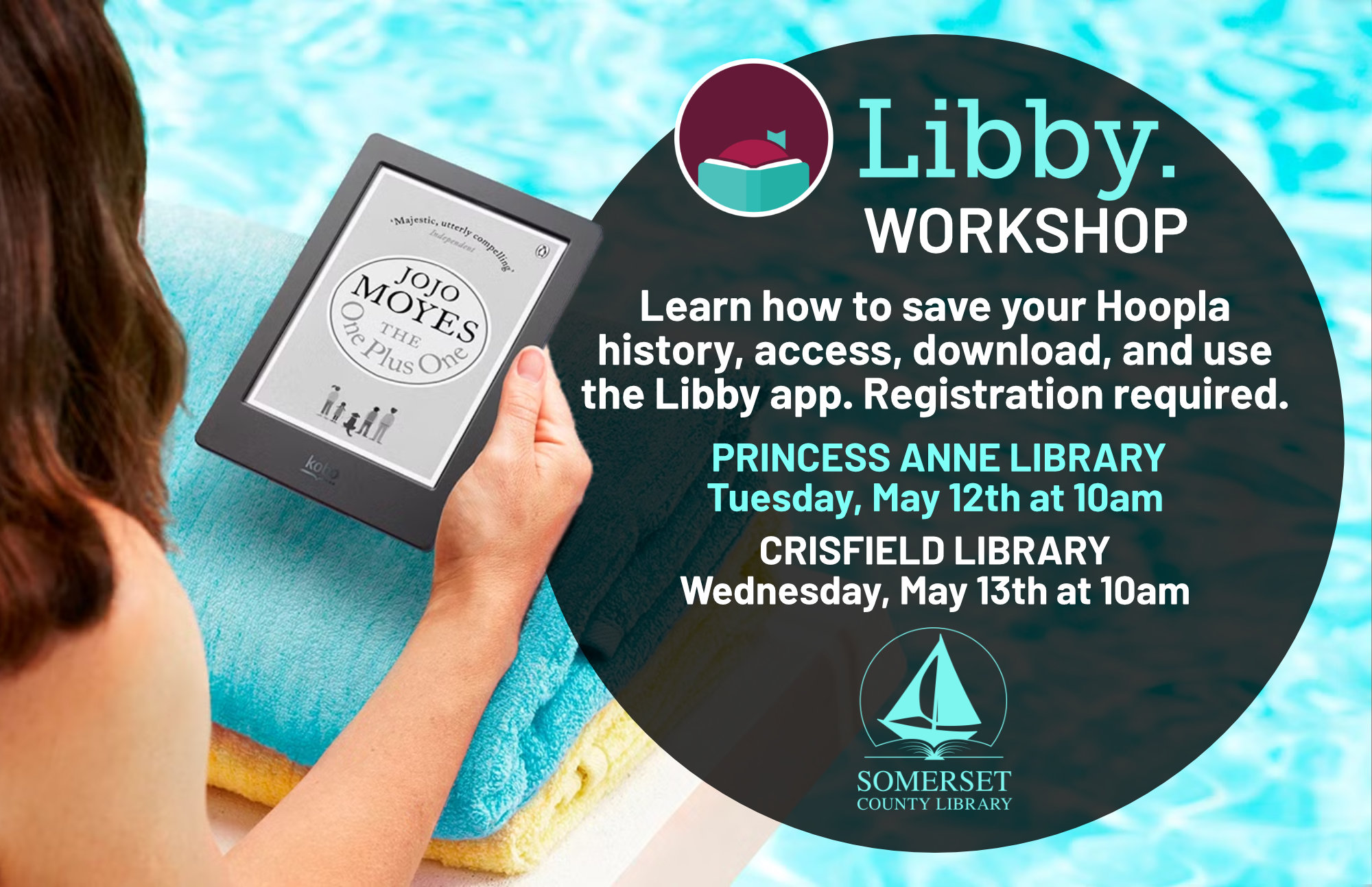 Libby Workshop Tuesday, May 12th at 10am Learn how to save your Hoopla history, access, download, and use the Libby app. Registration required.