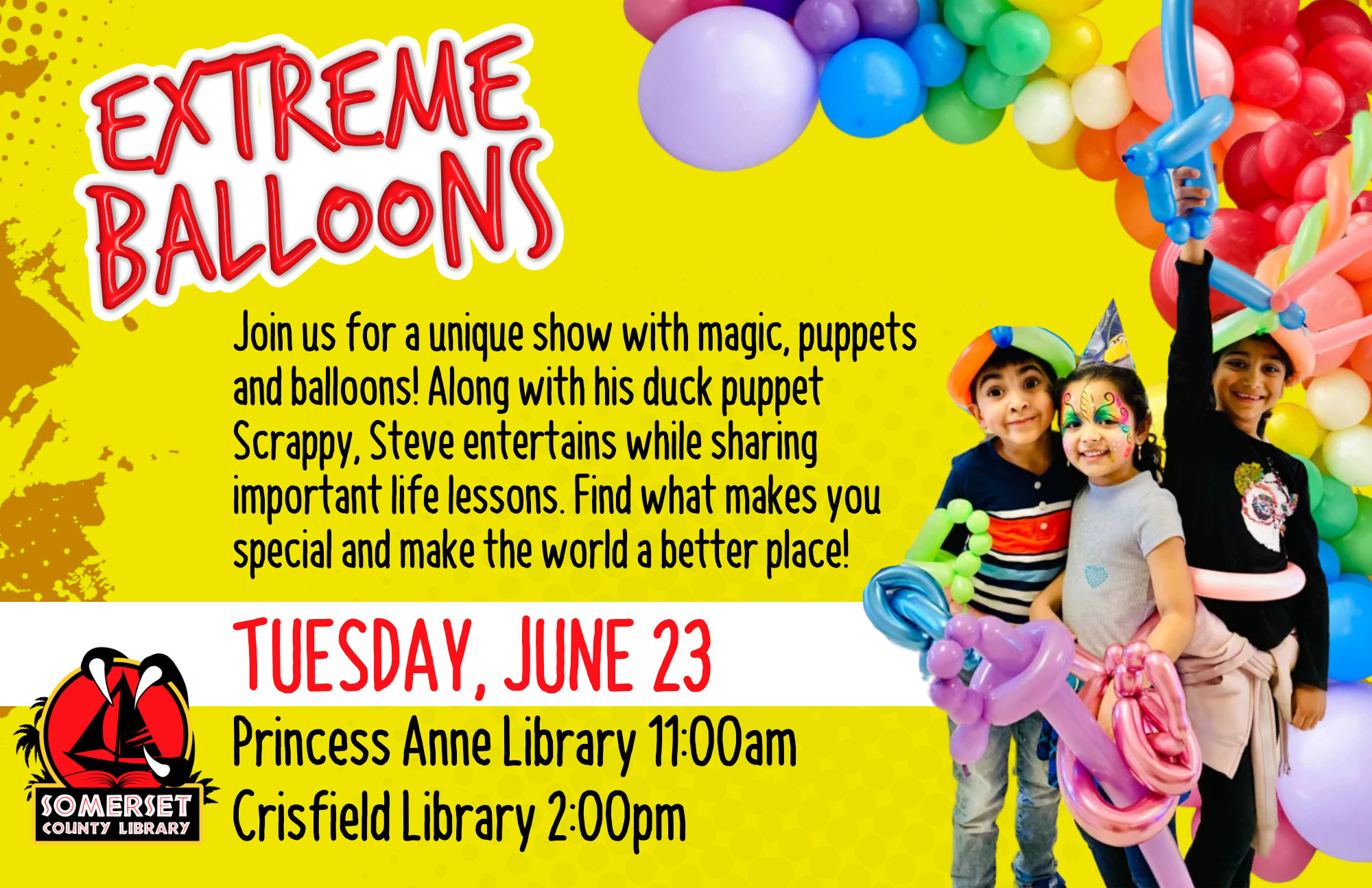 	Performers on Tuesdays: 6/23 Extreme Balloons: PA 11am, CR 2pm