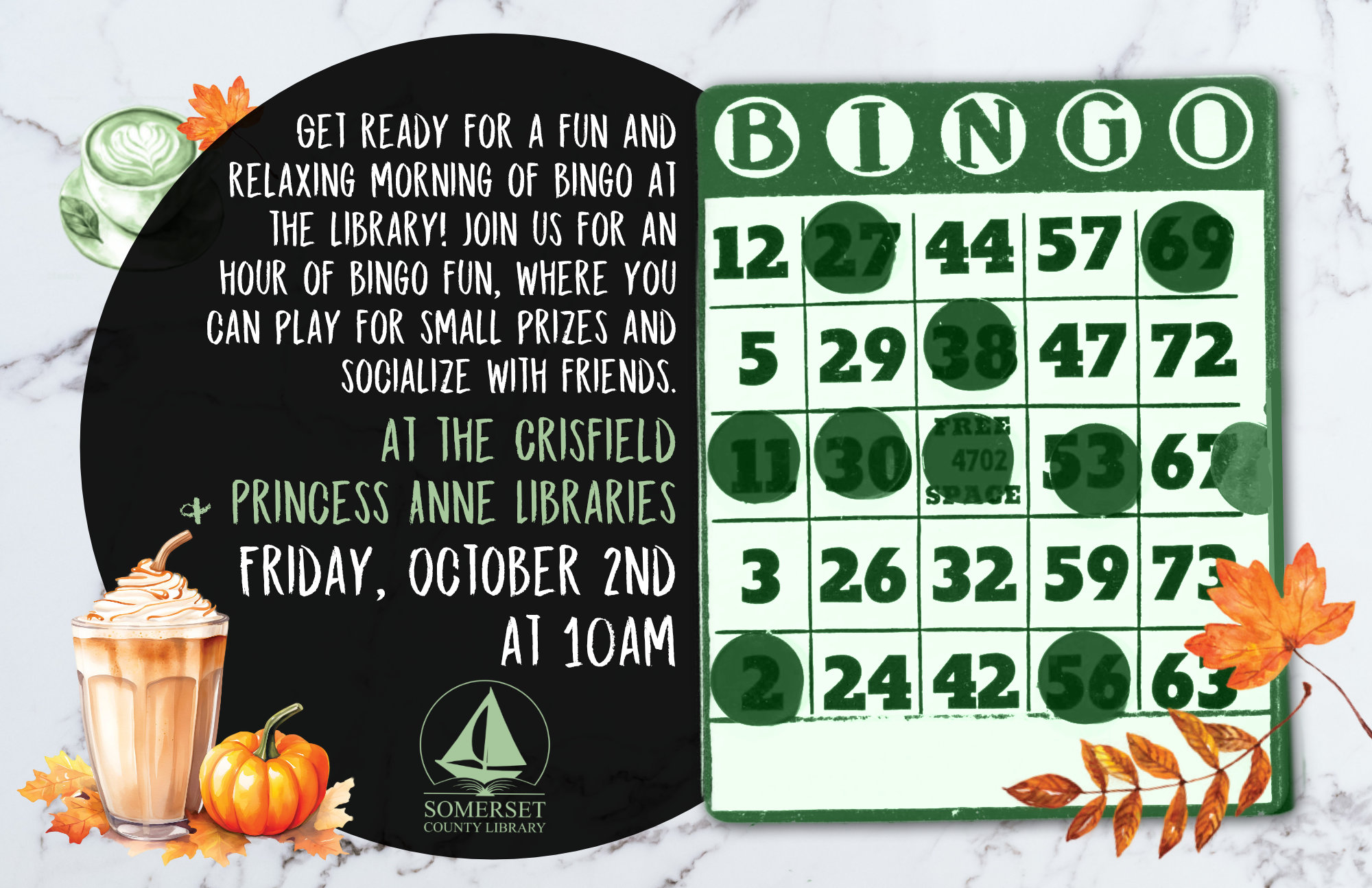 Bingo Crisfield & Princess Anne Friday, October 2nd at 11am Get ready for a fun and relaxing morning of bingo at the library! Join us for an hour of bingo fun, where you can play for small prizes and socialize with friends.