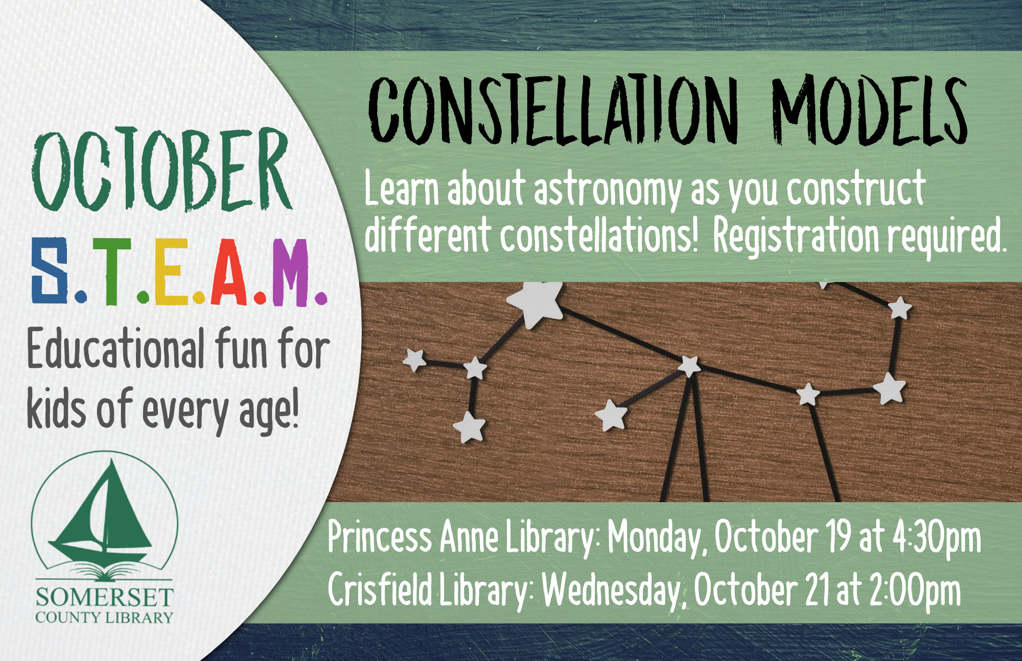 HOMESCHOOL STEAM Educational Fun for Kids of Every Age! Crisfield: Wednesdays at 2:00 pm Princess Anne: Mondays at 4:30 pm October 5 & 7: Balloon Rocket-Build a balloon rocket to launch across the room! October 19 & 21: Constellation Models-Learn about astronomy as you construct different constellations!