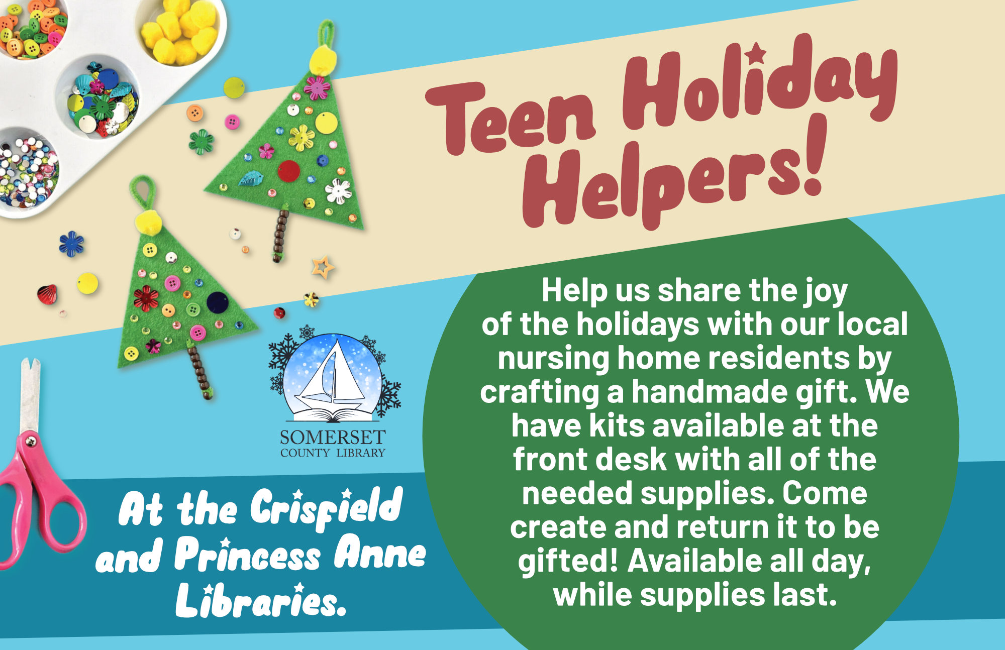 Help us share the joy of the holidays with our local nursing home residents by crafting a handmade gift. We have kits available at the front desk with all of the needed supplies. Come create and return it to be gifted! Available while supplies last.