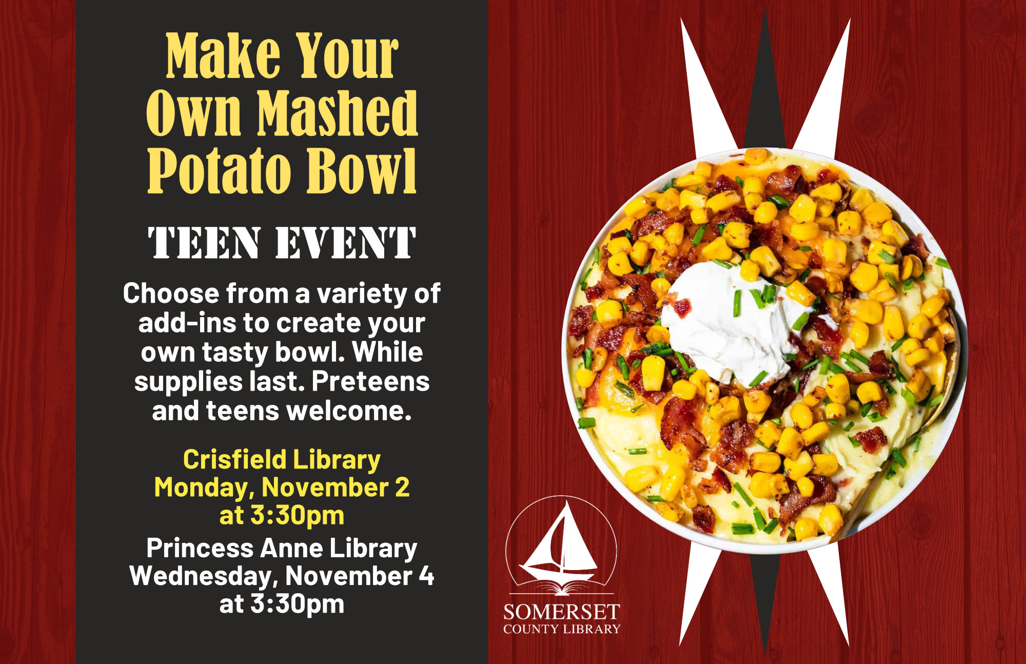 Choose from a variety of add-ins to create your own tasty bowl. While supplies last. Preteen and Teens welcome.