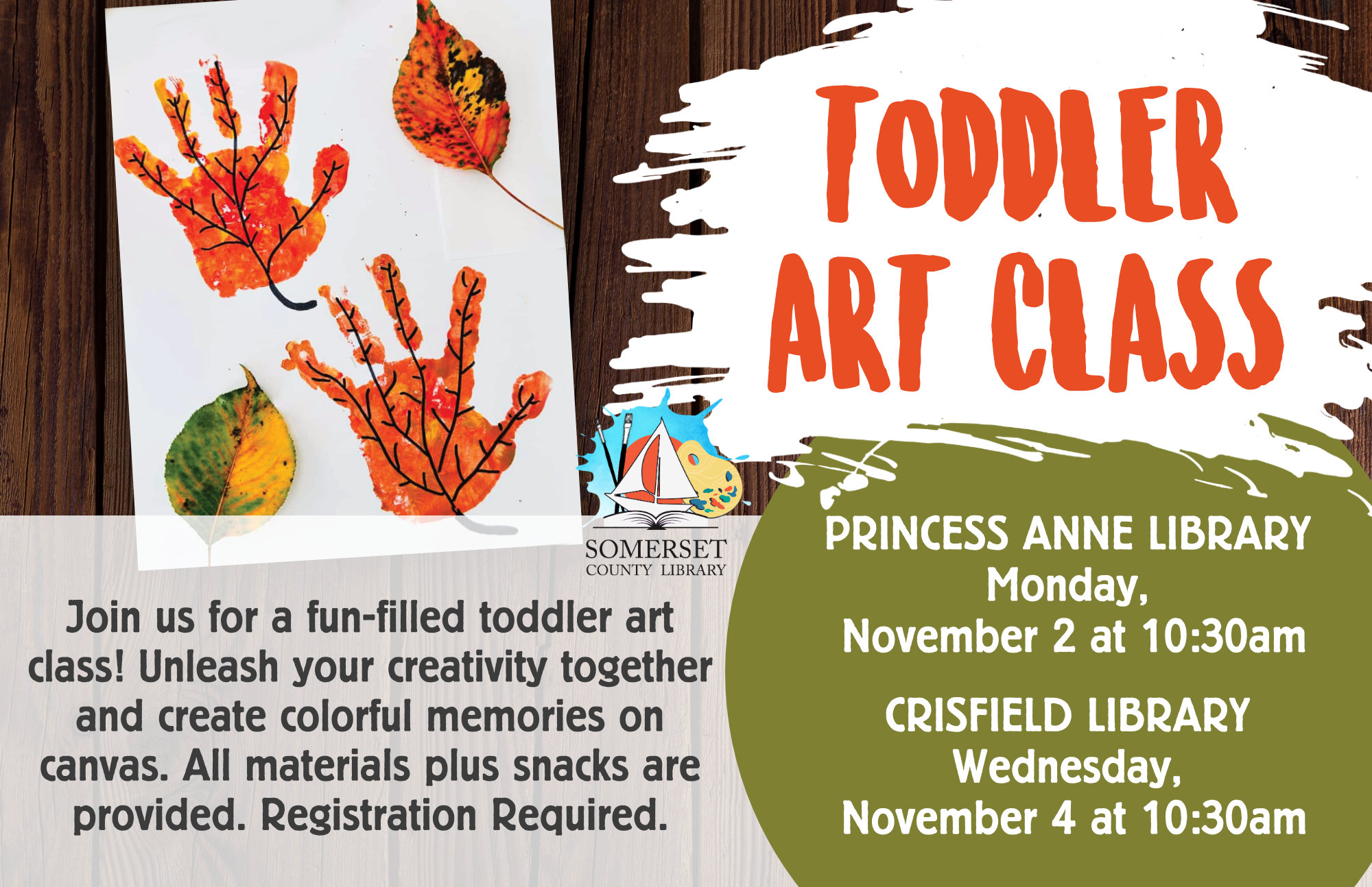 Join us for a fun-filled toddler art class! Unleash your creativity together and create colorful memories on canvas. All materials plus snacks are provided. Registration Required.